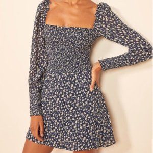 Reformation Kelli Smocked Bodice Blue Mini Dress S